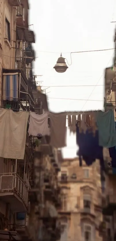 Urban street scene with hanging laundry and city atmosphere.