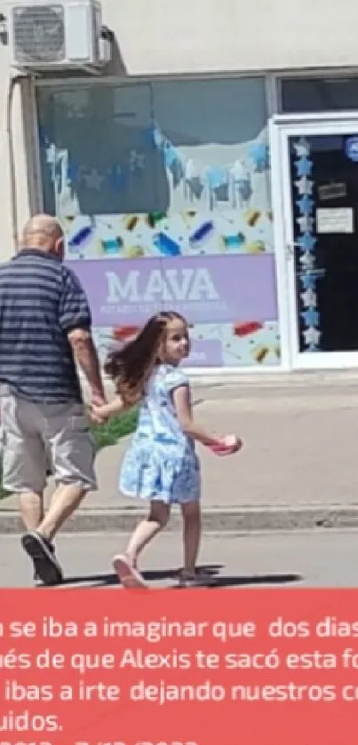 Grandparent and child strolling along urban street with colorful backdrop.