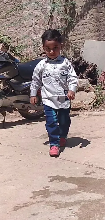 Child walking in urban setting with fashionable style.