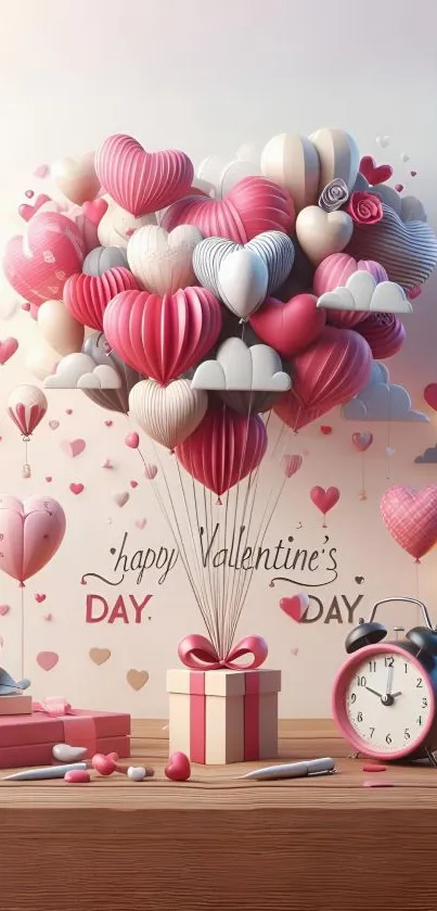 Valentine's Day wallpaper with heart balloons and romantic decor in pastel colors.