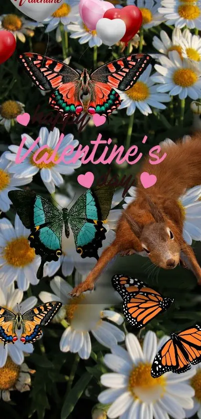 Valentine's themed wallpaper with butterflies, squirrel, and daisies.