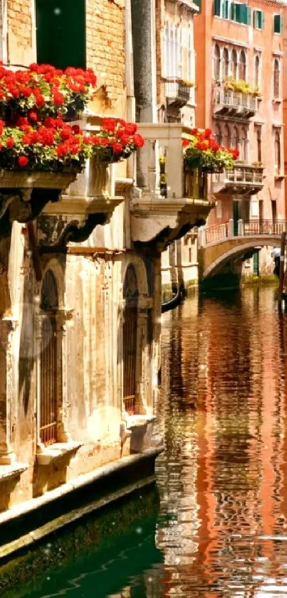 Venice canal scene with flowers and reflections.