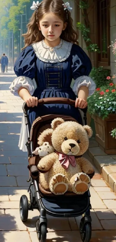 Victorian girl with teddy bear in stroller on cobblestone path.