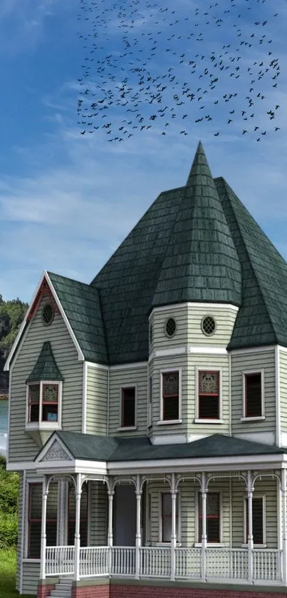 Victorian house with green roof, against blue sky and trees, ideal for wallpaper.