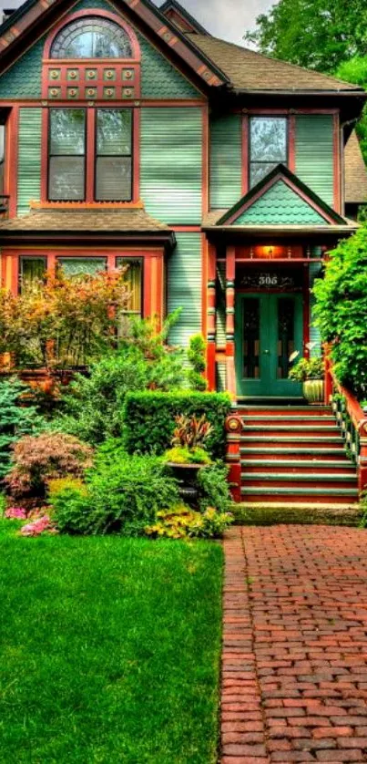 Charming Victorian house with lush garden and brick path.