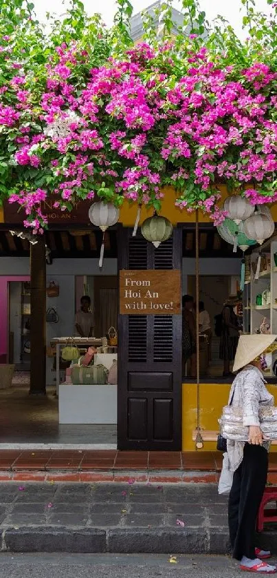 Traditional Vietnamese street scene with vibrant colors and floral display.