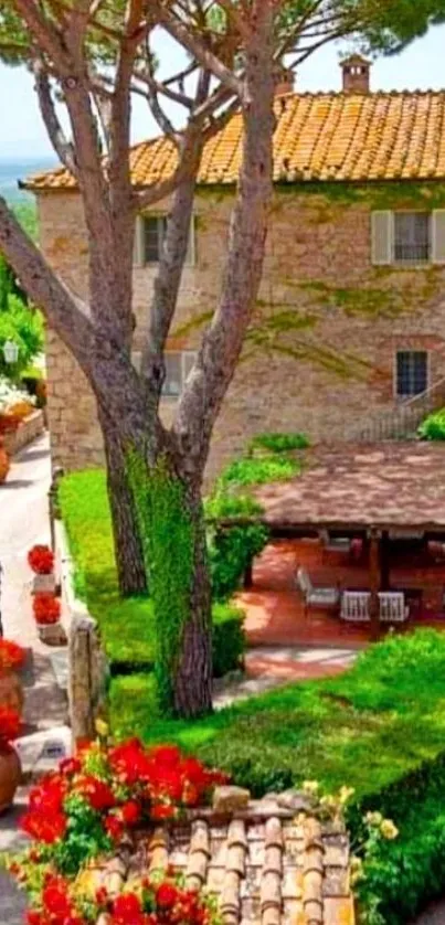 Rustic Italian villa and garden wallpaper with stone path and lush greenery.