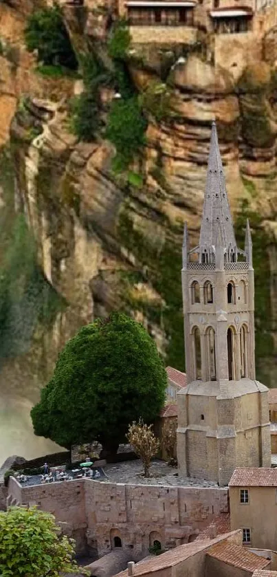 Village nestled by cliff under dramatic sky.