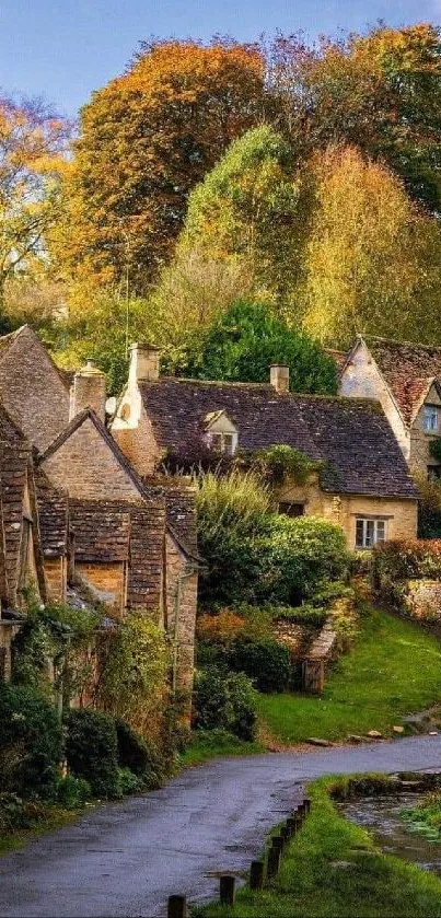 Serene autumn village with rustic cottages and vibrant trees.