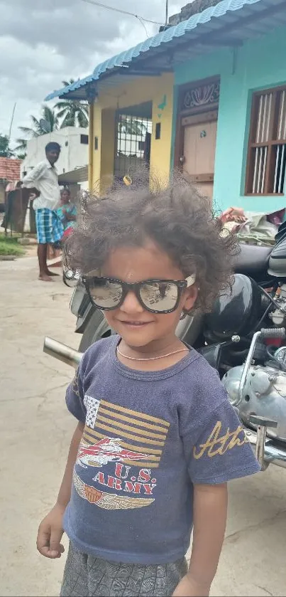 Adorable child wearing sunglasses in a vibrant village setting next to a motorcycle.