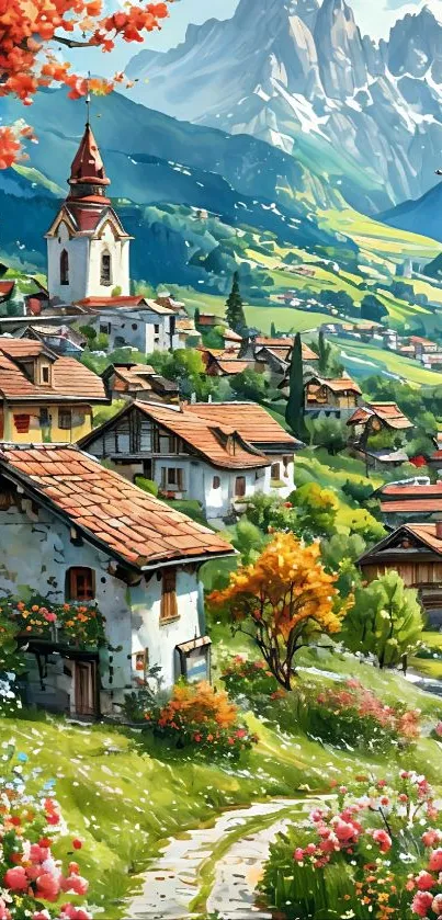 Idyllic village with mountains and flowers.