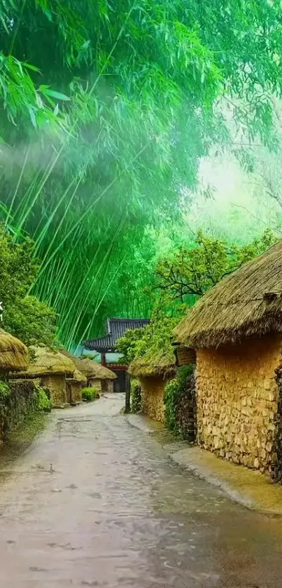 Serene village path with thatched roofs and lush greenery.