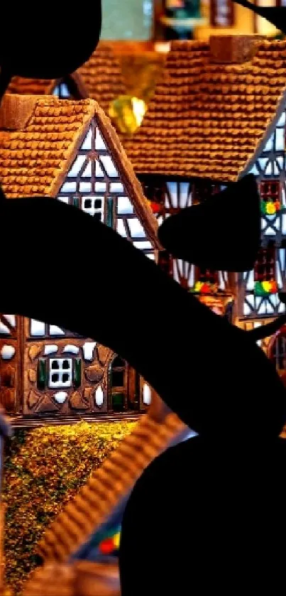 Mobile wallpaper of a quaint village with silhouette art in warm tones.