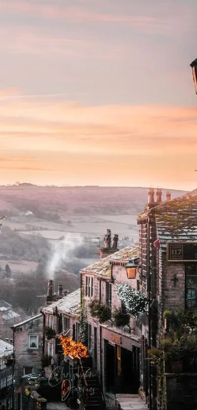 Charming village street at sunset with rustic buildings and scenic landscape.