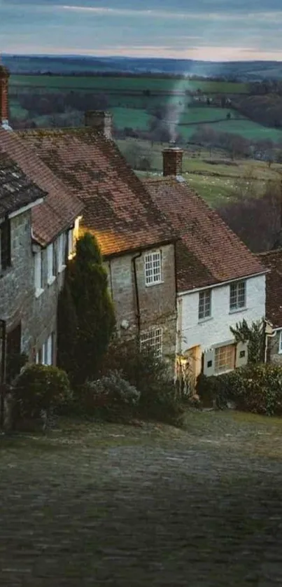 Quaint village street with stone houses and lush fields.