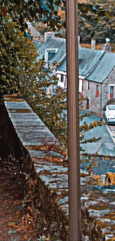 Charming village street view with stone path and lush greenery.