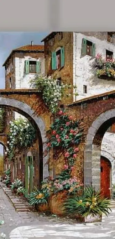 Rustic European village street with flowers and stone arches.