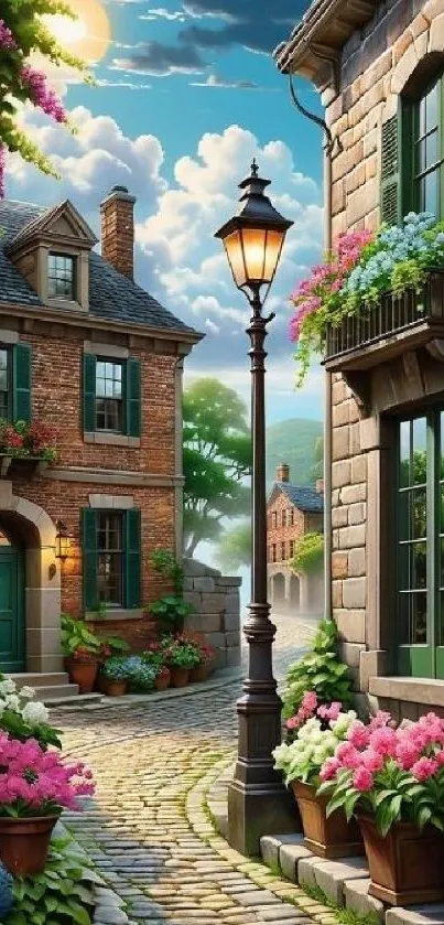 A charming vintage street with flowers and cobblestone path under a bright sky.