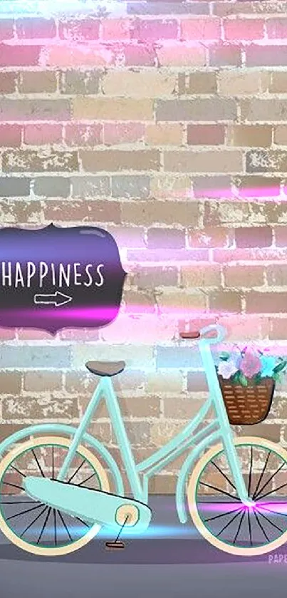 Charming vintage bicycle with happiness sign on a brick wall wallpaper.