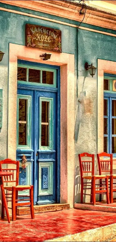 Charming vintage cafe with blue doors and red chairs in a colorful European setting.