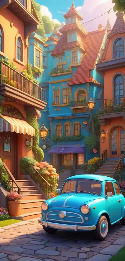 Vintage blue car by charming colorful buildings with European architecture.