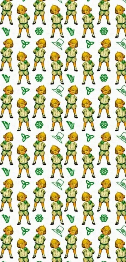 Vintage cartoon pattern wallpaper in green and yellow tones.