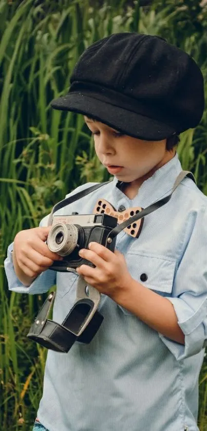 Child in blue shirt holding a vintage camera outdoors.