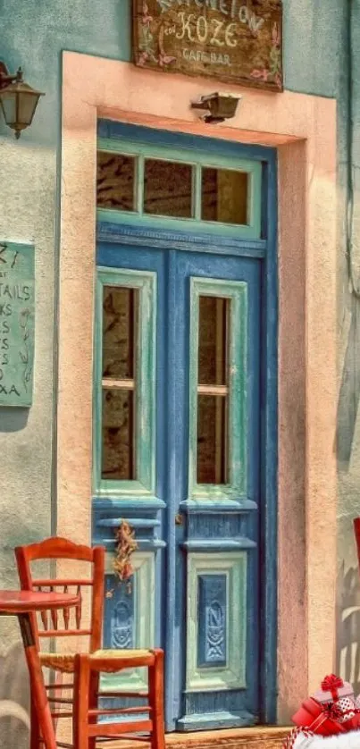 Vintage blue door with rustic charm and inviting chairs.