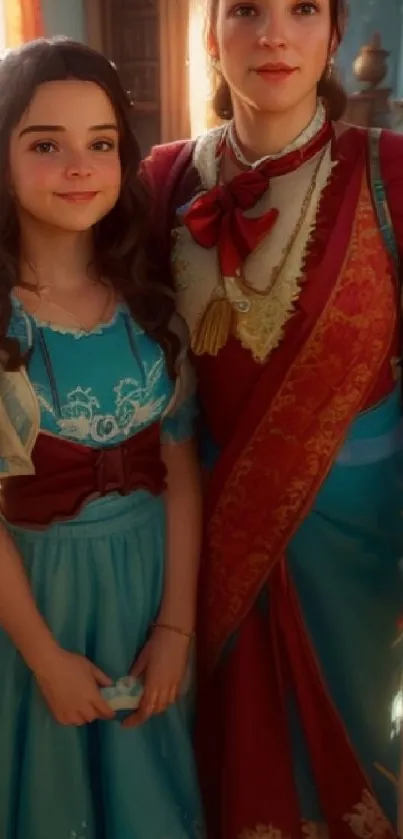 Mother and daughter in traditional, colorful attire indoors.