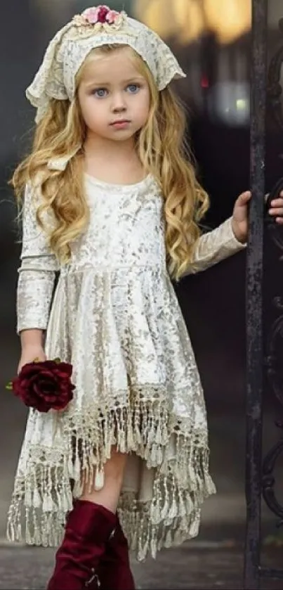 Vintage girl with lace dress and red boots.