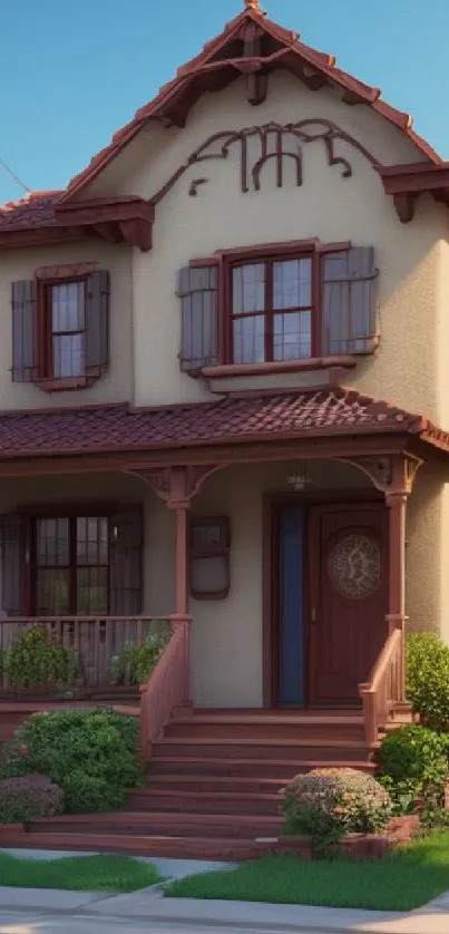 Charming vintage house with a warm beige exterior and red roof surrounded by greenery.