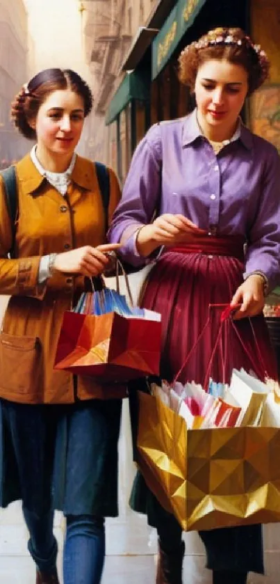 Two fashionable women shopping on a vintage city street.
