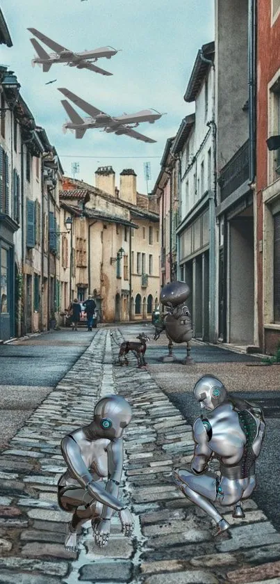 Vintage European street with cobblestone and old buildings.