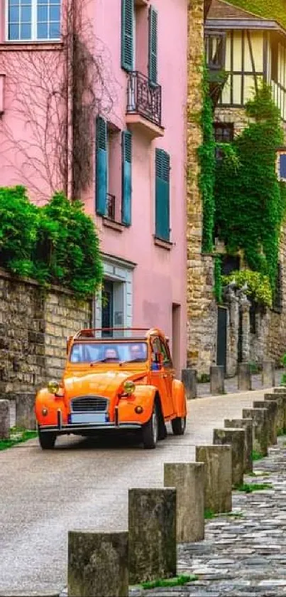 Charming vintage street with colorful buildings and a classic orange car.