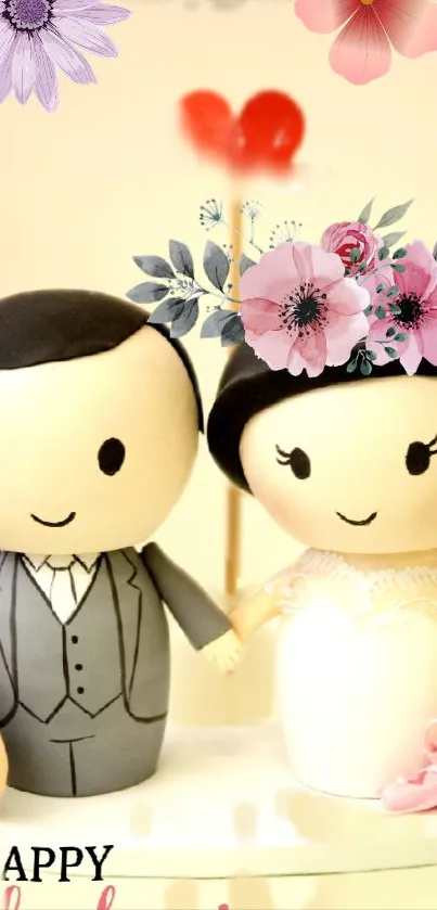 Cartoon bride and groom figures with floral decorations.