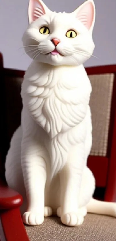 Realistic white cat sitting on a red chair, mobile wallpaper.