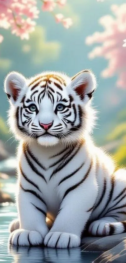 White tiger cub sitting by water with cherry blossoms.