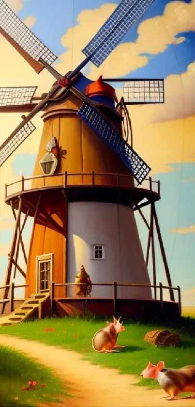 Charming windmill with mice on a sunny day.