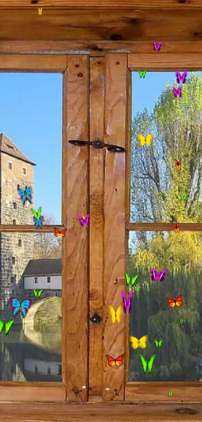 Rustic window view with curtains framing a scenic village landscape.