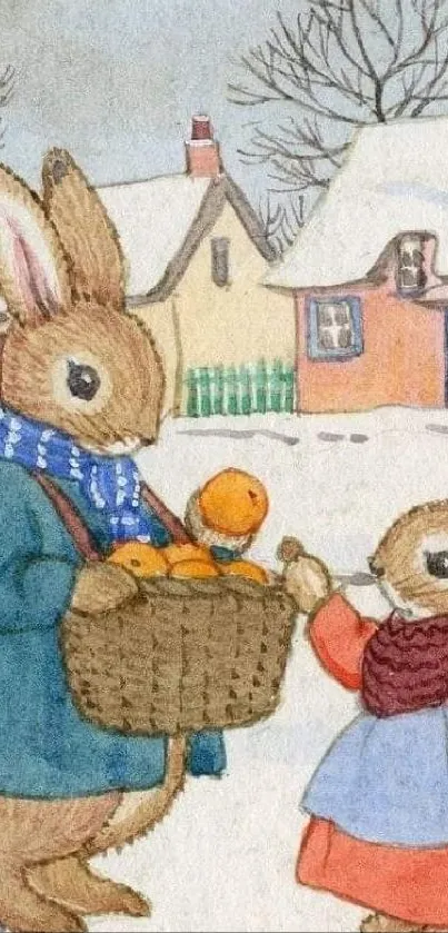 Charming illustration of bunnies in a snowy village.