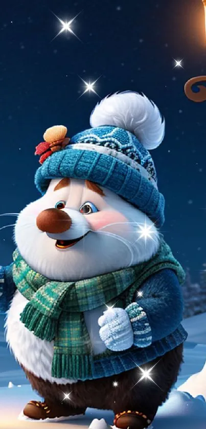 Cartoon character in winter clothes under snowy night streetlights.