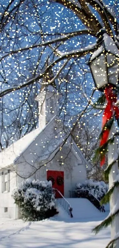 Snow-covered chapel with trees and red ribbon lamp.