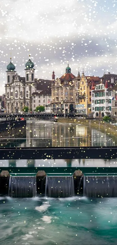 Winter cityscape with snow and a serene river reflecting historic architecture.