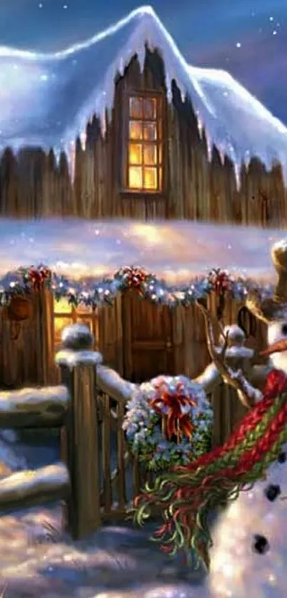 Snowy cottage with snowman and festive lights on a winter night.