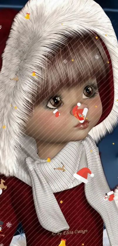 Charming doll in winter attire with a red outfit and fur hood.