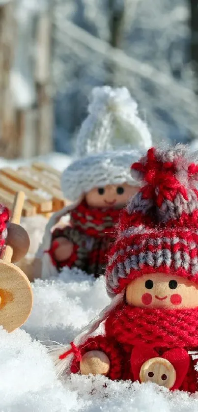 Charming knitted dolls in red and white with snowy background.