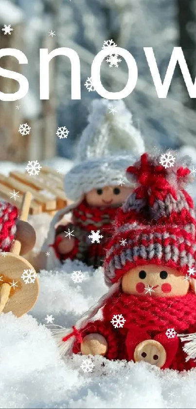 Cute knitted dolls in snowy winter scene.