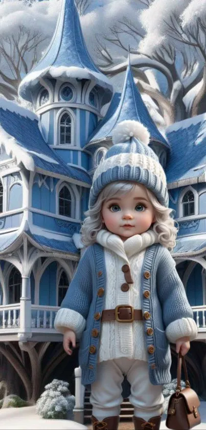 Charming child in winter attire standing before a magical blue castle.