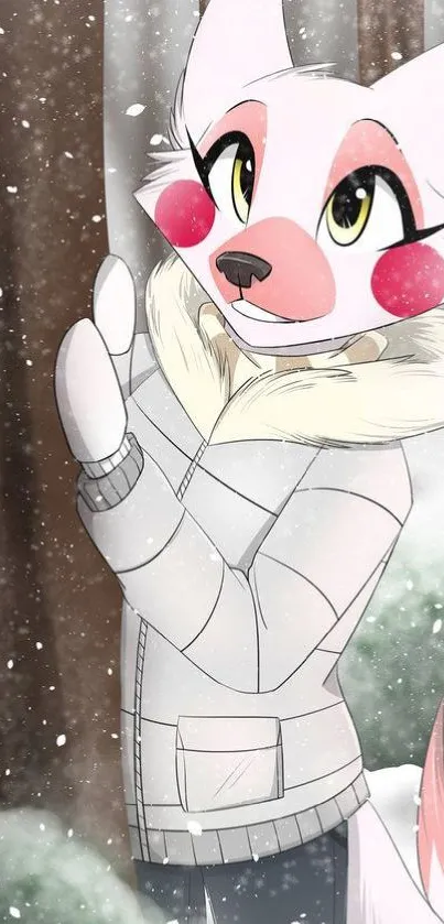 Cute anime fox in winter snow scene.