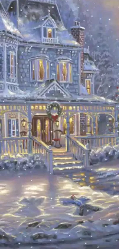 Charming winter house with snow and Christmas decorations.